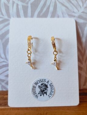 OOAK White Roses & Sherry 18k Gold Martini Glass CZ Drop Earrings